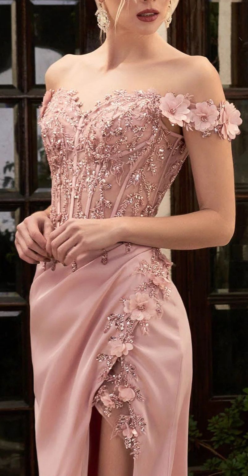Style CD0186 Cinderella Divine Size M Off The Shoulder Lace Pink Side Slit Dress on Queenly