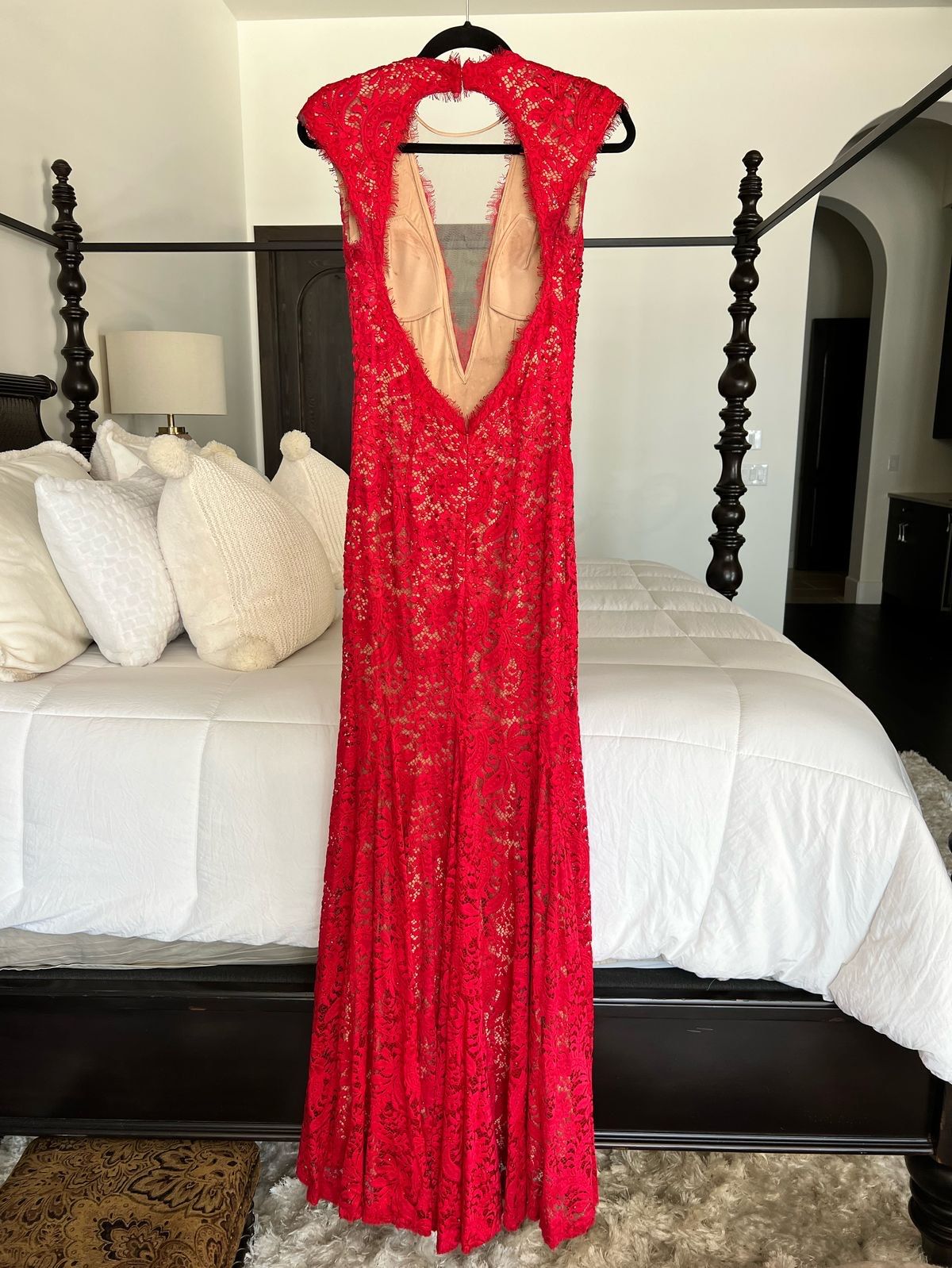 Jovani Size 2 Plunge Sequined Red Floor Length Maxi on Queenly
