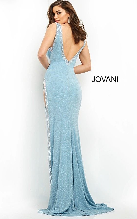 Jovani Size 4 Pageant Plunge Blue Side Slit Dress on Queenly