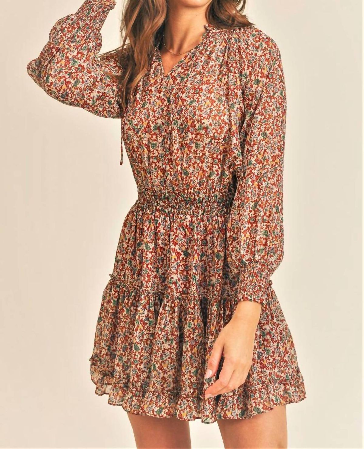 Style 1-246592245-3236 RESET by Jane Size S Long Sleeve Floral Brown Cocktail Dress on Queenly