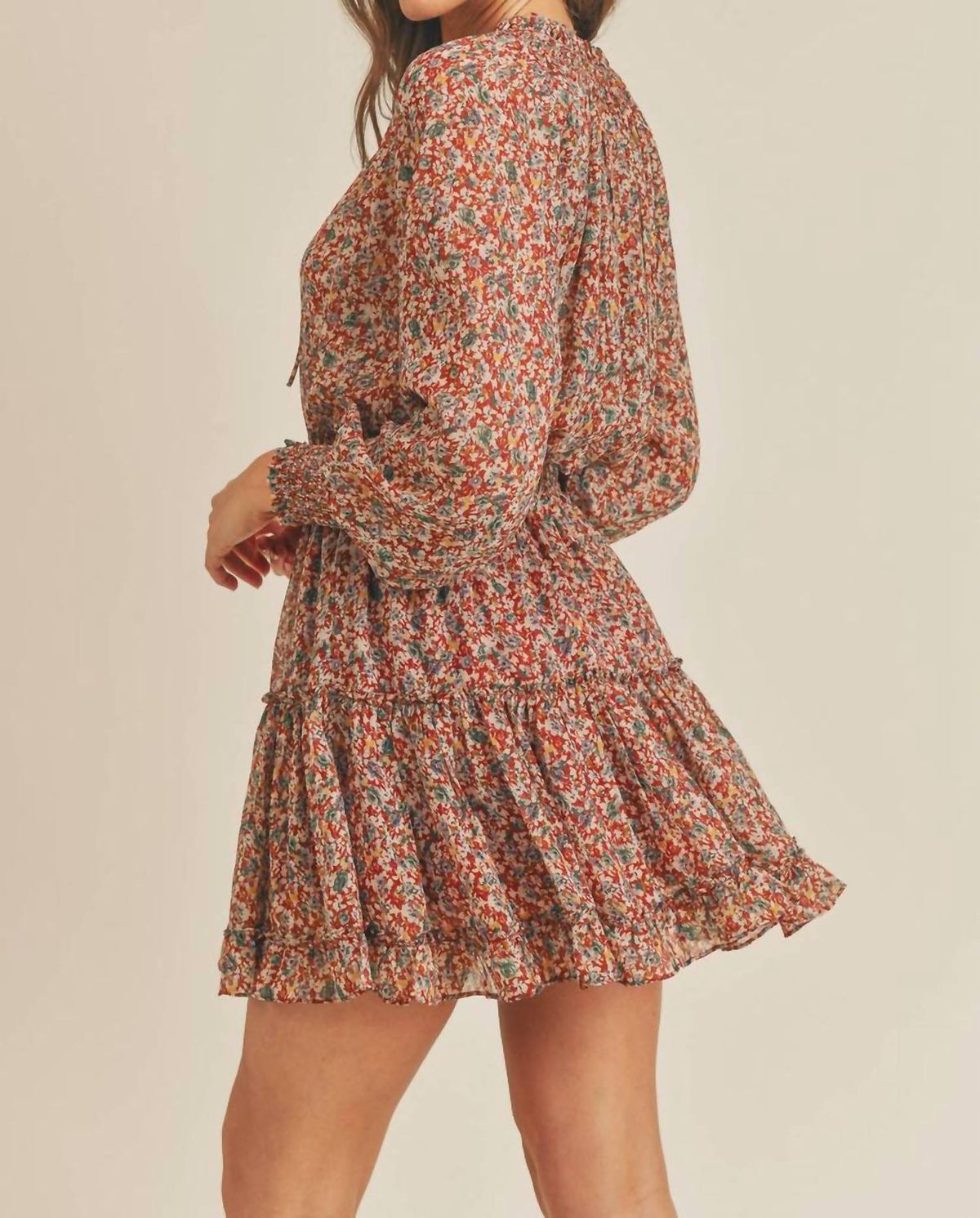 Style 1-246592245-3236 RESET by Jane Size S Long Sleeve Floral Brown Cocktail Dress on Queenly