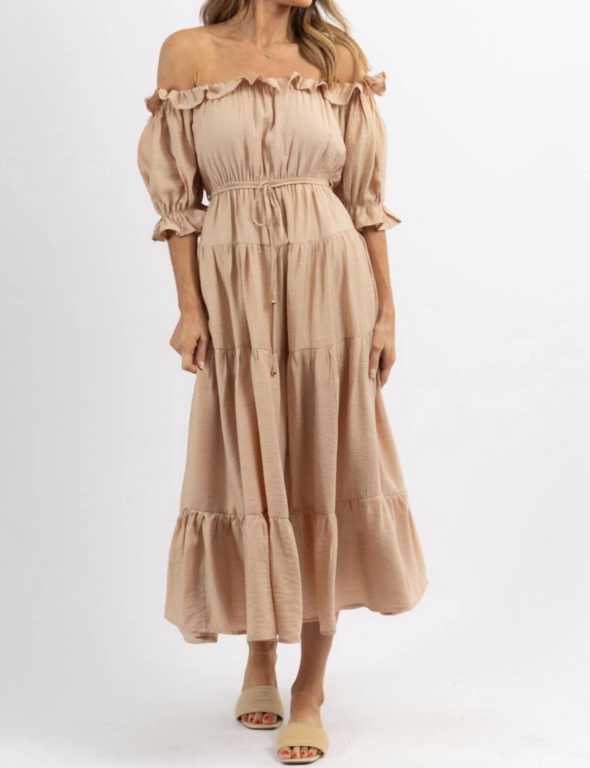 Style 1-254503037-2696 One and Only Collective Size L Off The Shoulder Nude A-line Dress on Queenly