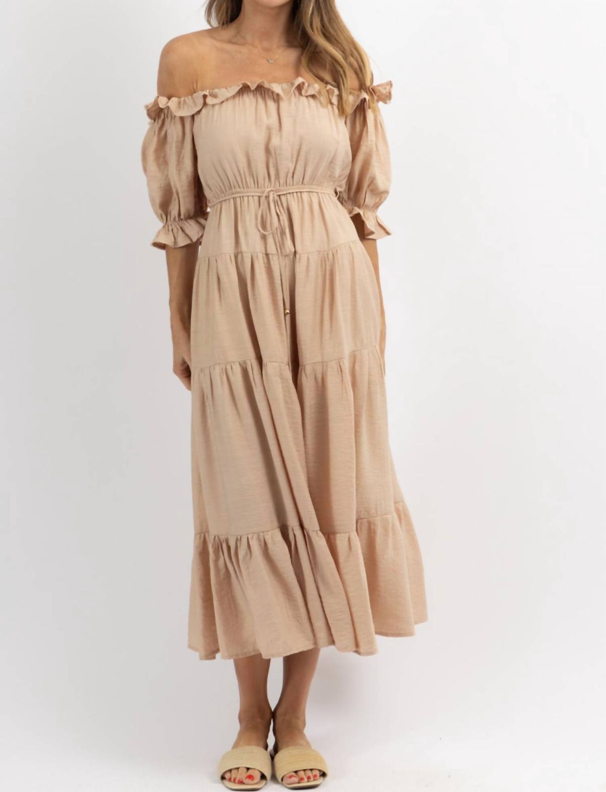 Style 1-254503037-2696 One and Only Collective Size L Off The Shoulder Nude A-line Dress on Queenly