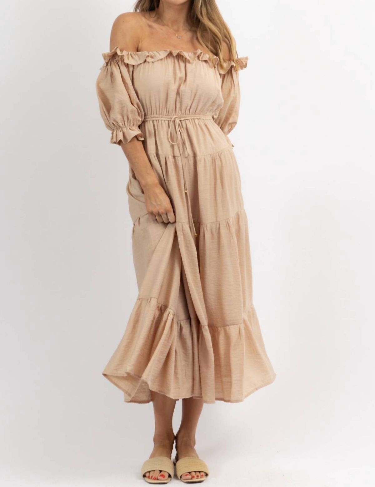 Style 1-254503037-3855 One and Only Collective Size XS Off The Shoulder Nude A-line Dress on Queenly