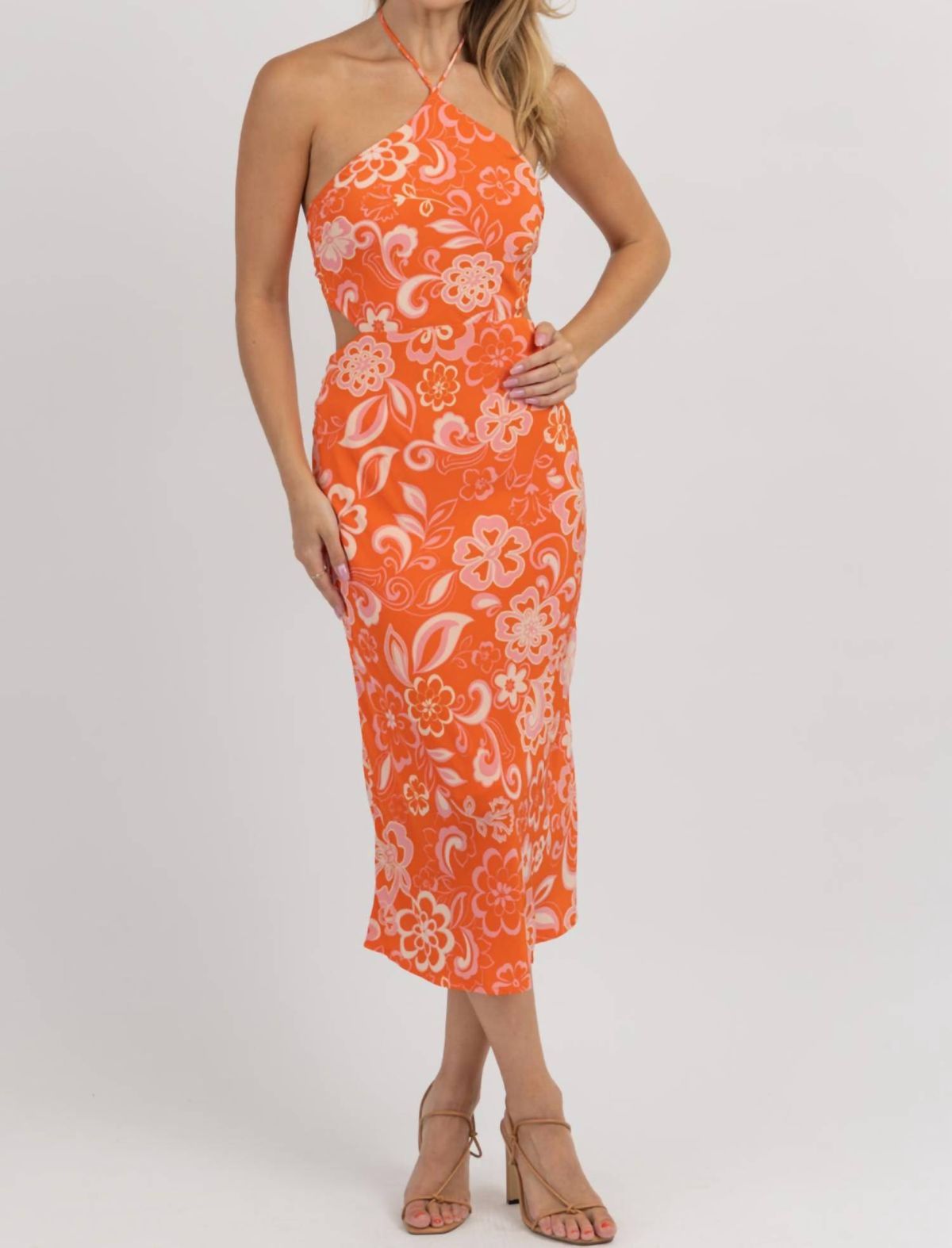 Style 1-2844903517-2696 OLIVACEOUS Size L Halter Floral Orange Floor Length Maxi on Queenly