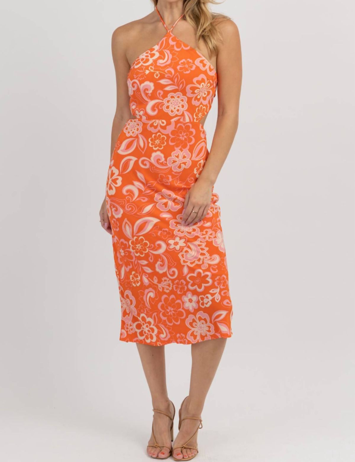 Style 1-2844903517-2696 OLIVACEOUS Size L Halter Floral Orange Floor Length Maxi on Queenly