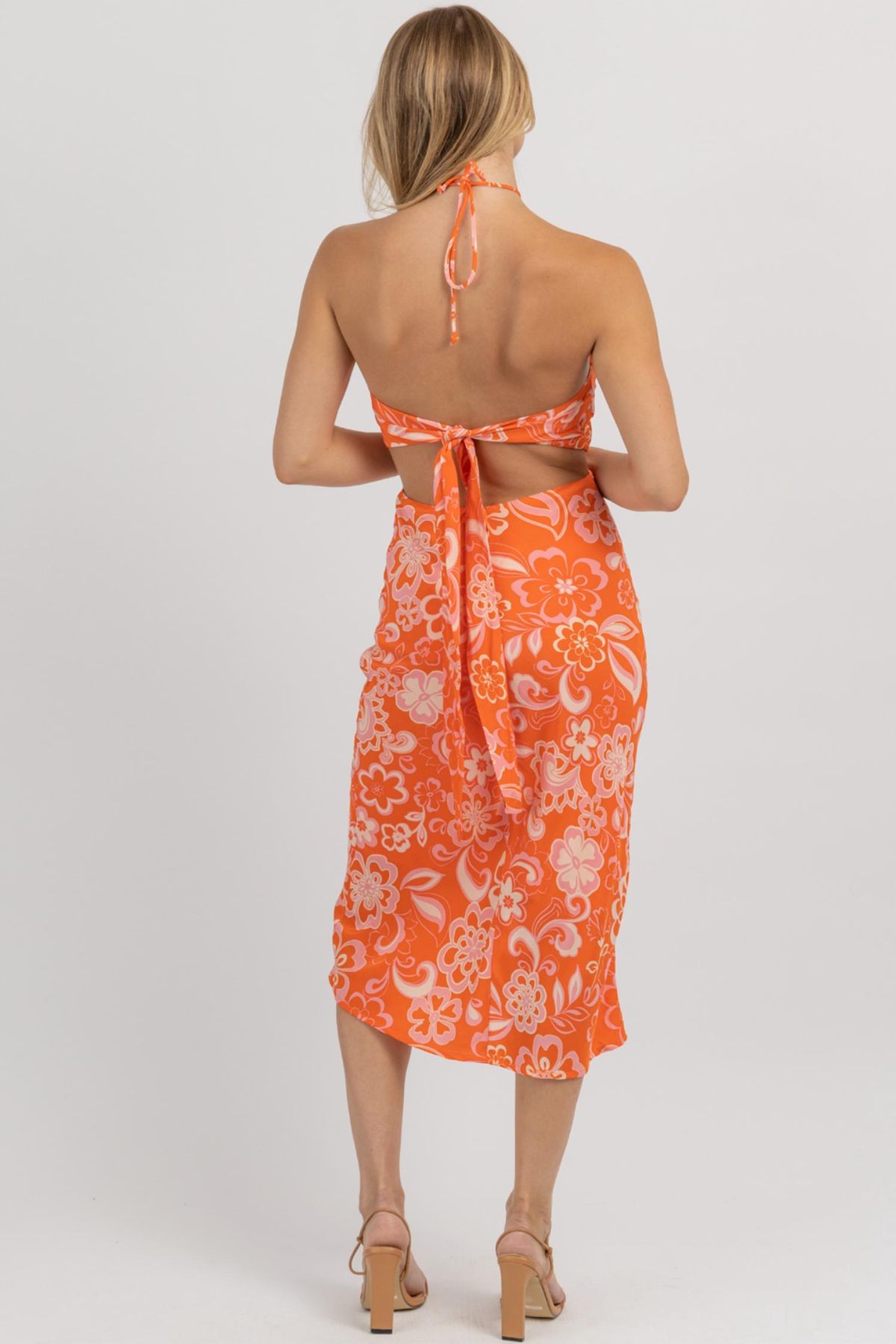 Style 1-2844903517-2696 OLIVACEOUS Size L Halter Floral Orange Floor Length Maxi on Queenly