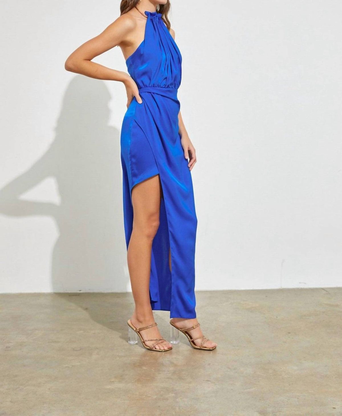 Style 1-3364589187-3471 DO+BE Size S Wedding Guest High Neck Blue Side Slit Dress on Queenly