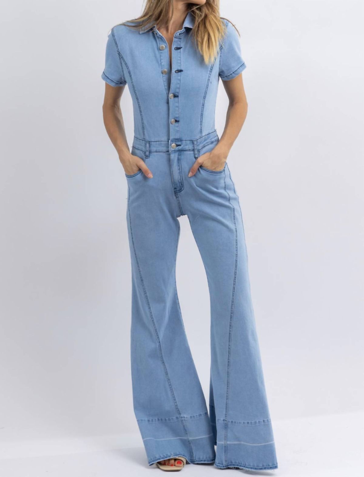 Style 1-3385413311-2696 SISTERS Size L High Neck Sequined Blue Formal Jumpsuit on Queenly