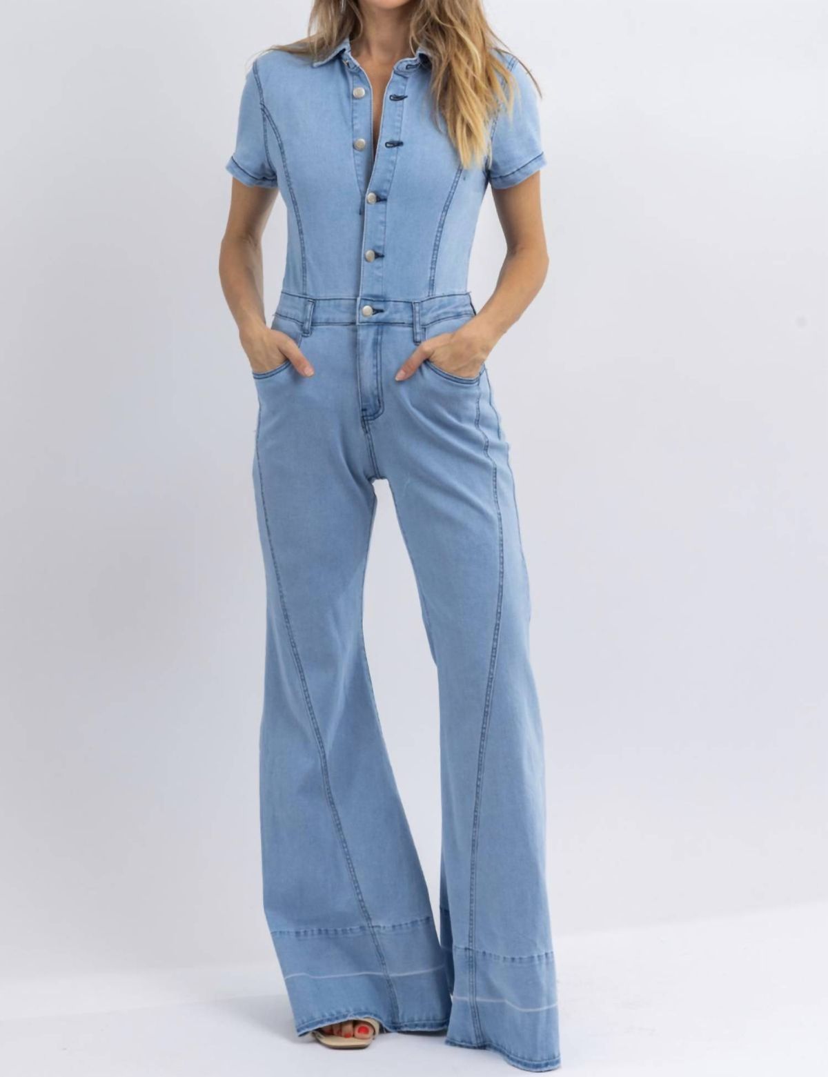 Style 1-3385413311-2901 SISTERS Size M High Neck Sequined Blue Formal Jumpsuit on Queenly