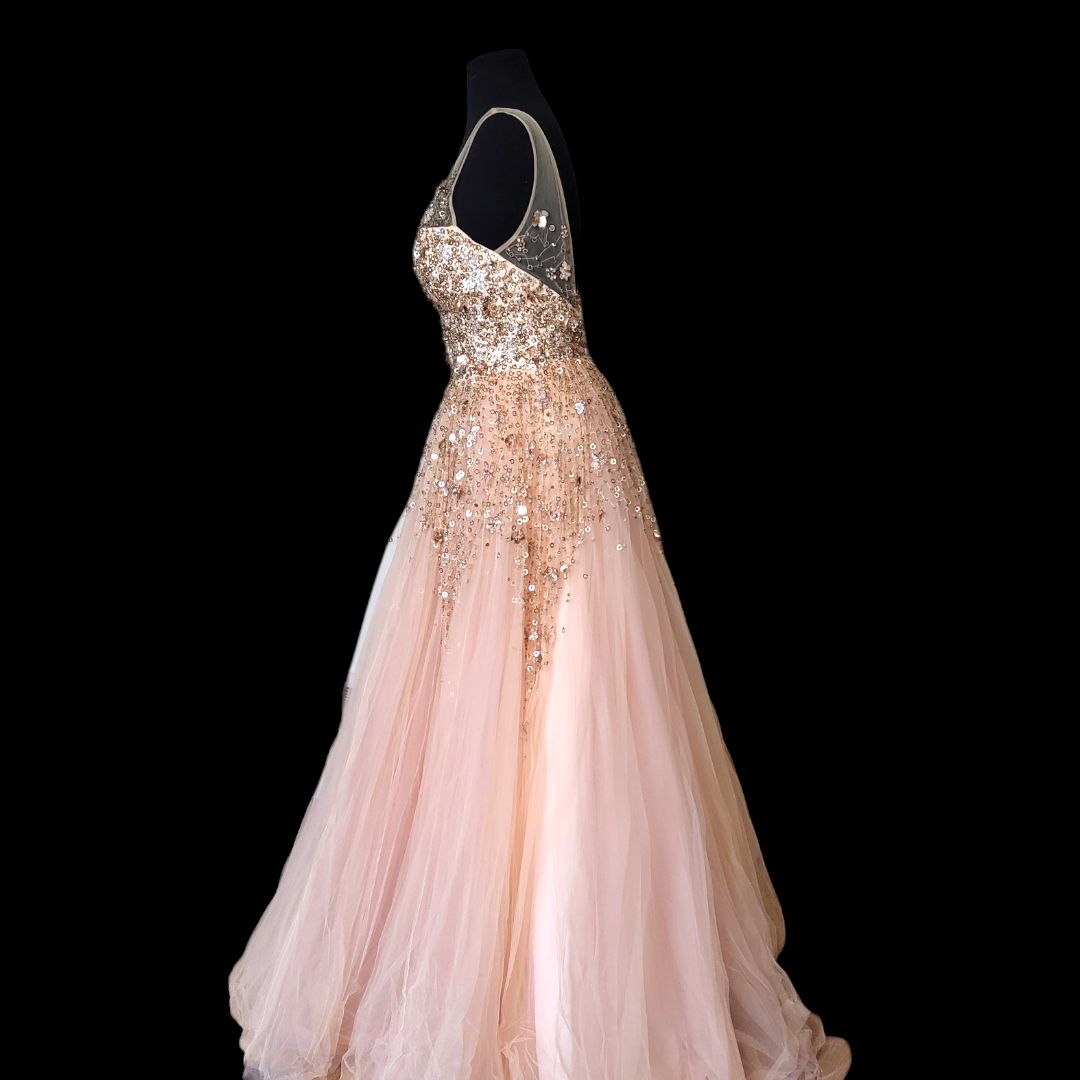 Style 55740 Jovani Size 6 Plunge Sheer Pink Ball Gown on Queenly
