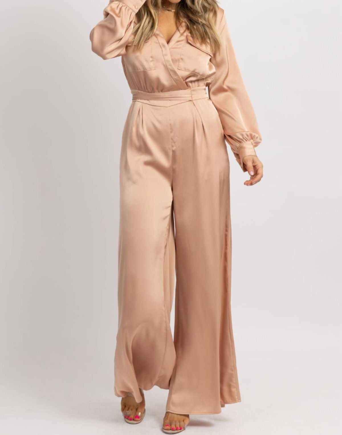 Style 1-3937699077-2696 Strut & Bolt Size L Long Sleeve Nude Formal Jumpsuit on Queenly