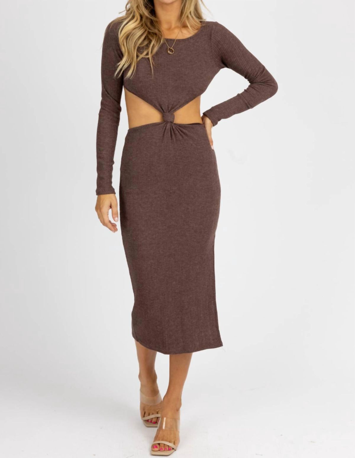 Style 1-4035373751-2696 PAPERMOON Size L Long Sleeve Brown Cocktail Dress on Queenly