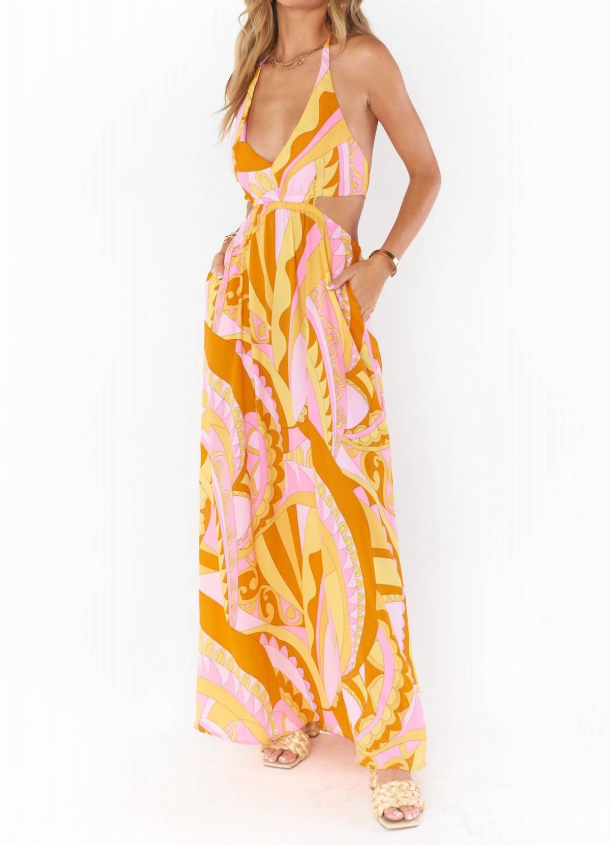 Style 1-659549370-3899 Show Me Your Mumu Size XS Halter Yellow Floor Length Maxi on Queenly