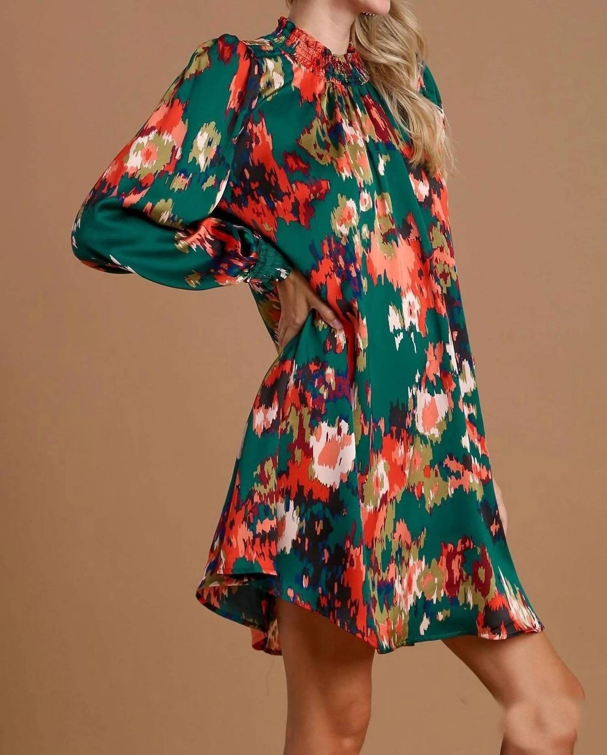 Style 1-71374269-2696 umgee Size L Long Sleeve Floral Green Cocktail Dress on Queenly