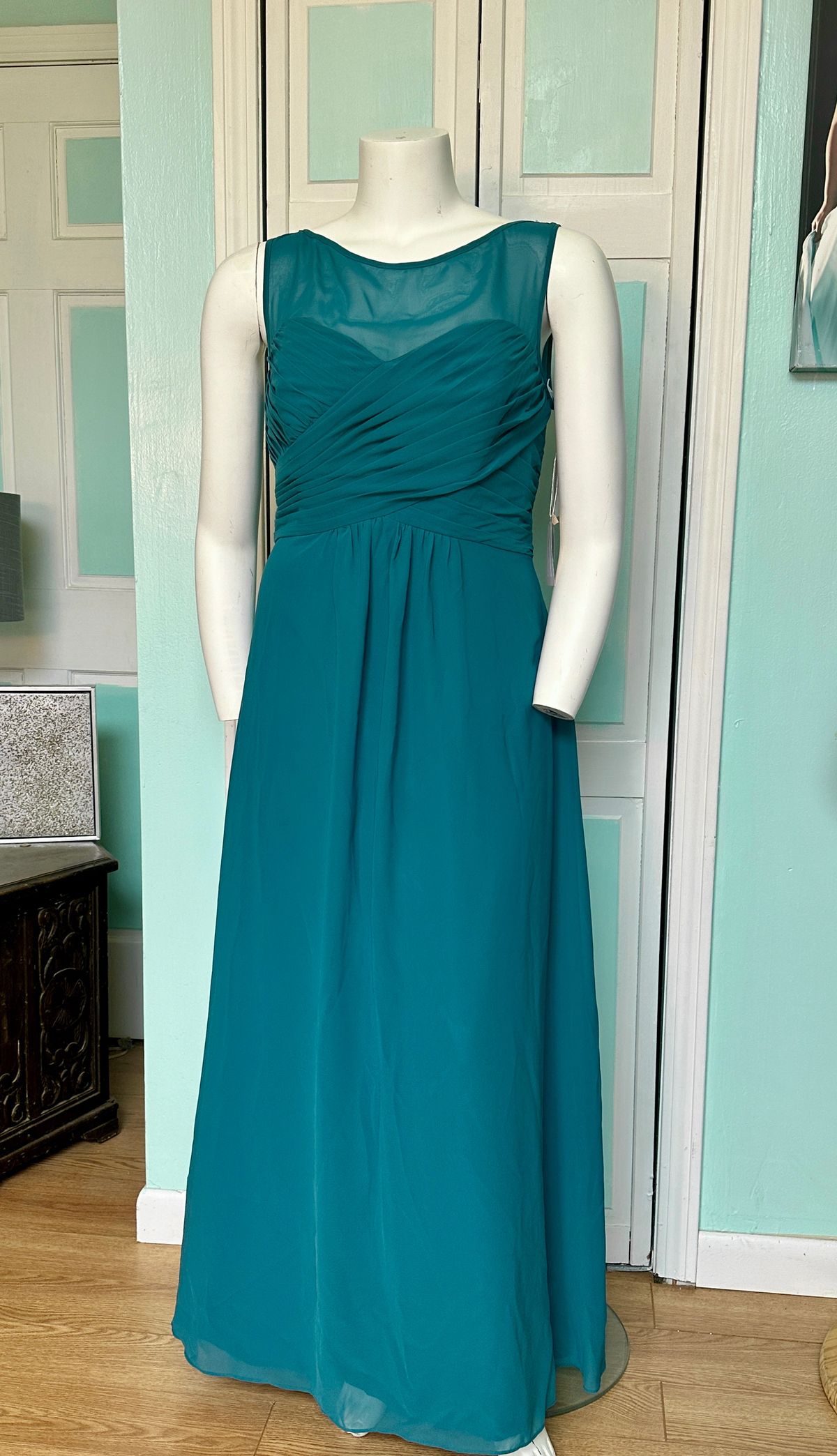 Christina Wu Plus Size 18 Wedding Guest High Neck Sheer Blue A-line Dress on Queenly