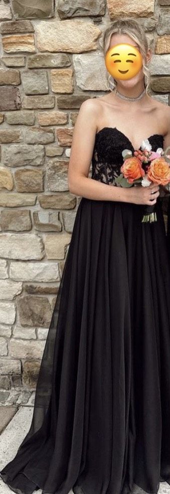 Style 55482 Sherri Hill Size 8 Prom Strapless Lace Black Floor Length Maxi on Queenly