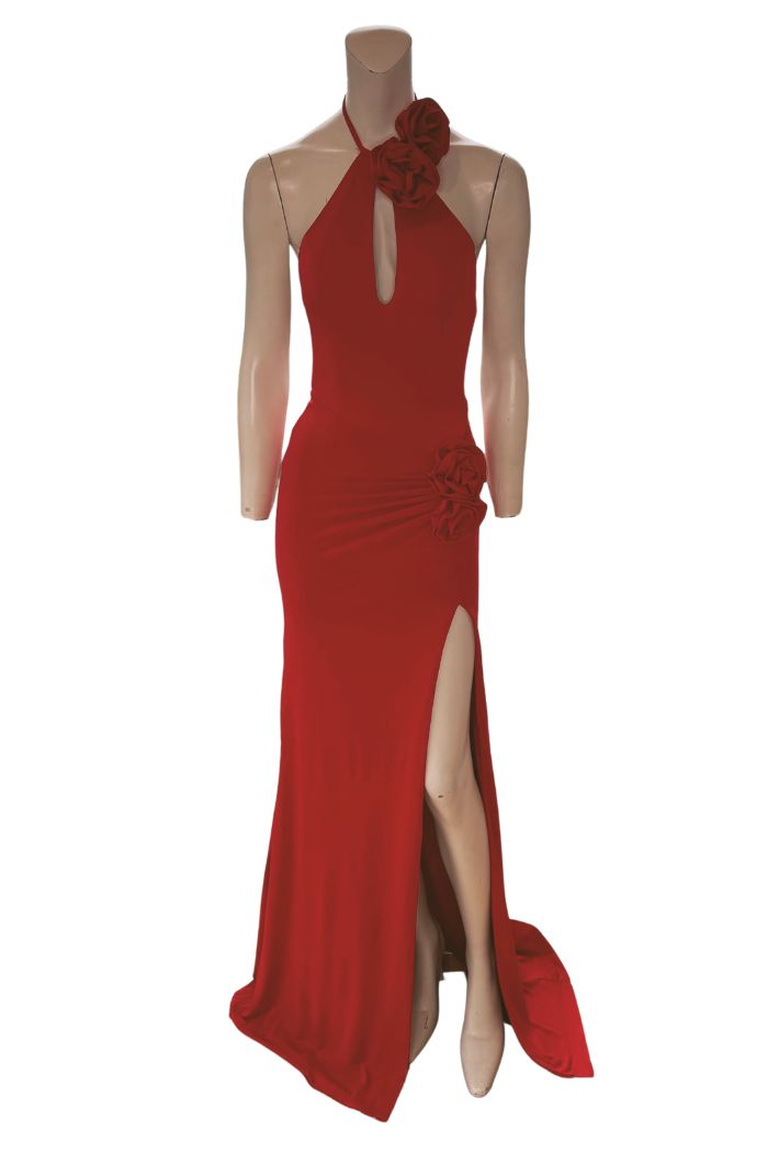 Style 37143 Jovani Size 2 Halter Floral Red Side Slit Dress on Queenly