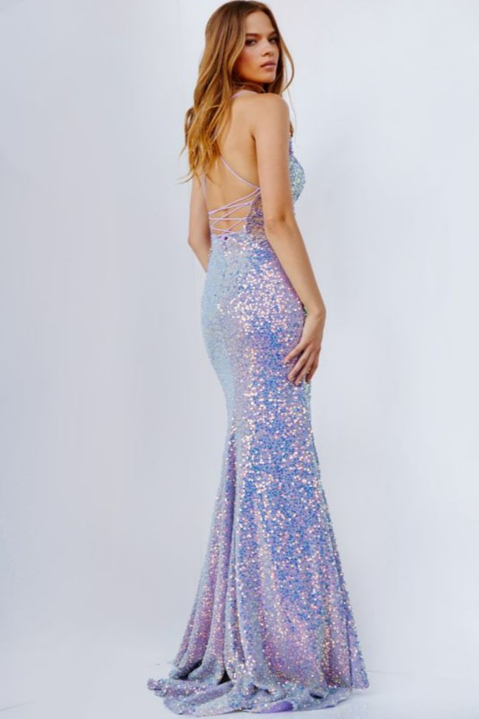 Style JVN24010 Jovani Size 4 Prom Lace Purple Side Slit Dress on Queenly