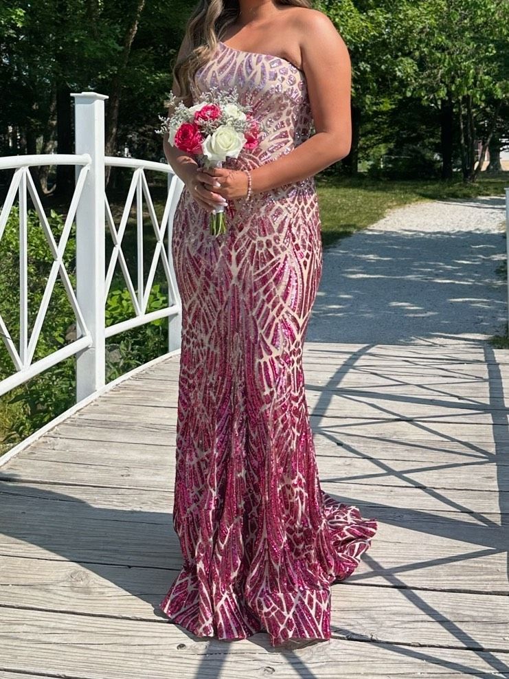 Style 07782 Jovani Size M Prom One Shoulder Pink Dress With Train on Queenly