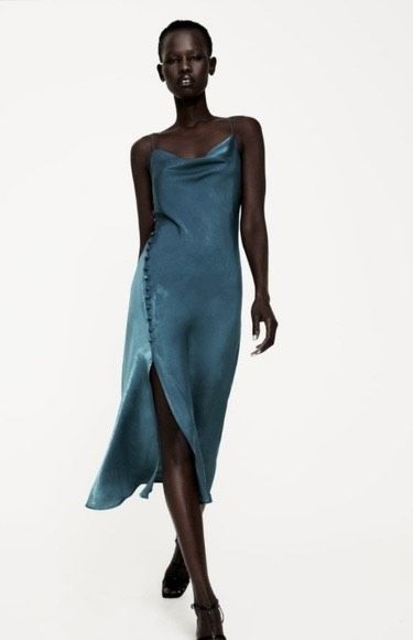 Zara Size S Plunge Blue Side Slit Dress on Queenly