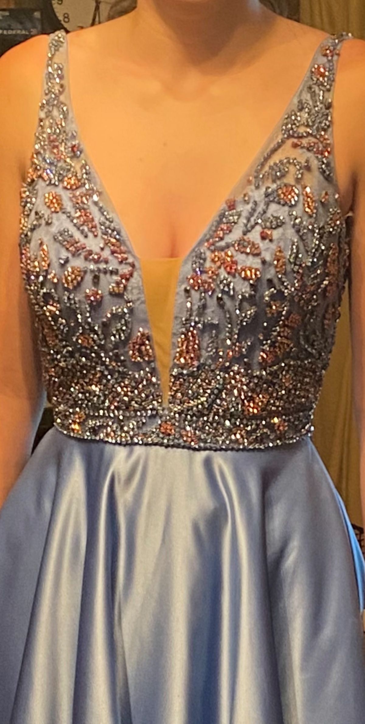 Style 54363 Sherri Hill Size 0 Pageant Plunge Blue A-line Dress on Queenly