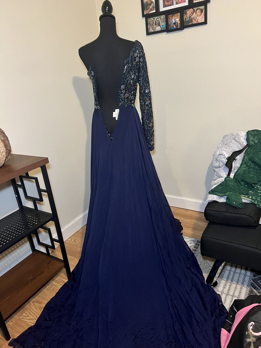 Sherri Hill Size 0 Prom One Shoulder Blue Dress With Train on Queenly