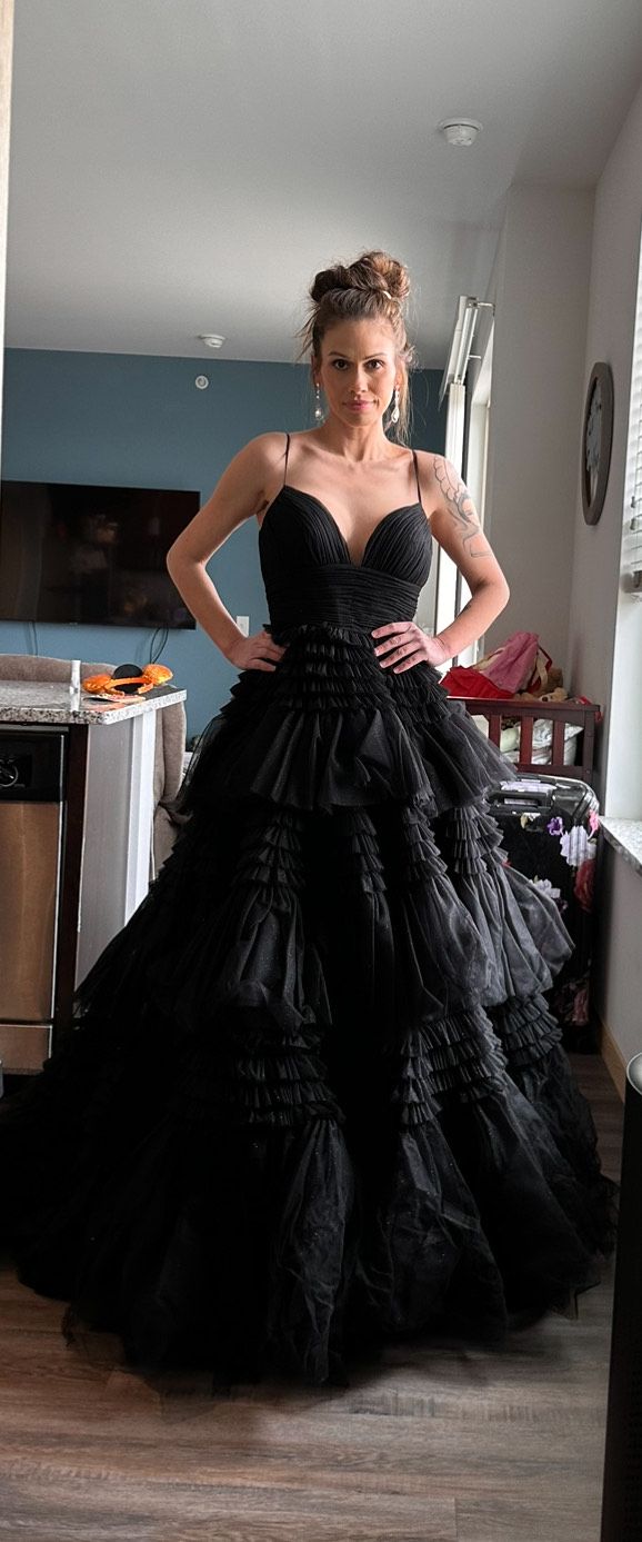 Ashley Lauren Size 8 Plunge Black Ball Gown on Queenly
