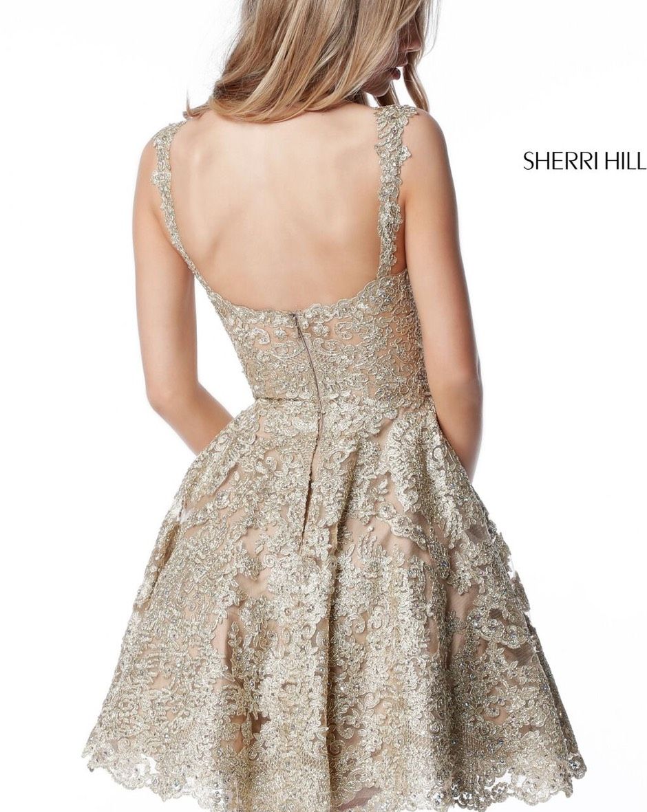 Style 51521 Sherri Hill Size 2 Prom Plunge Gold Cocktail Dress on Queenly