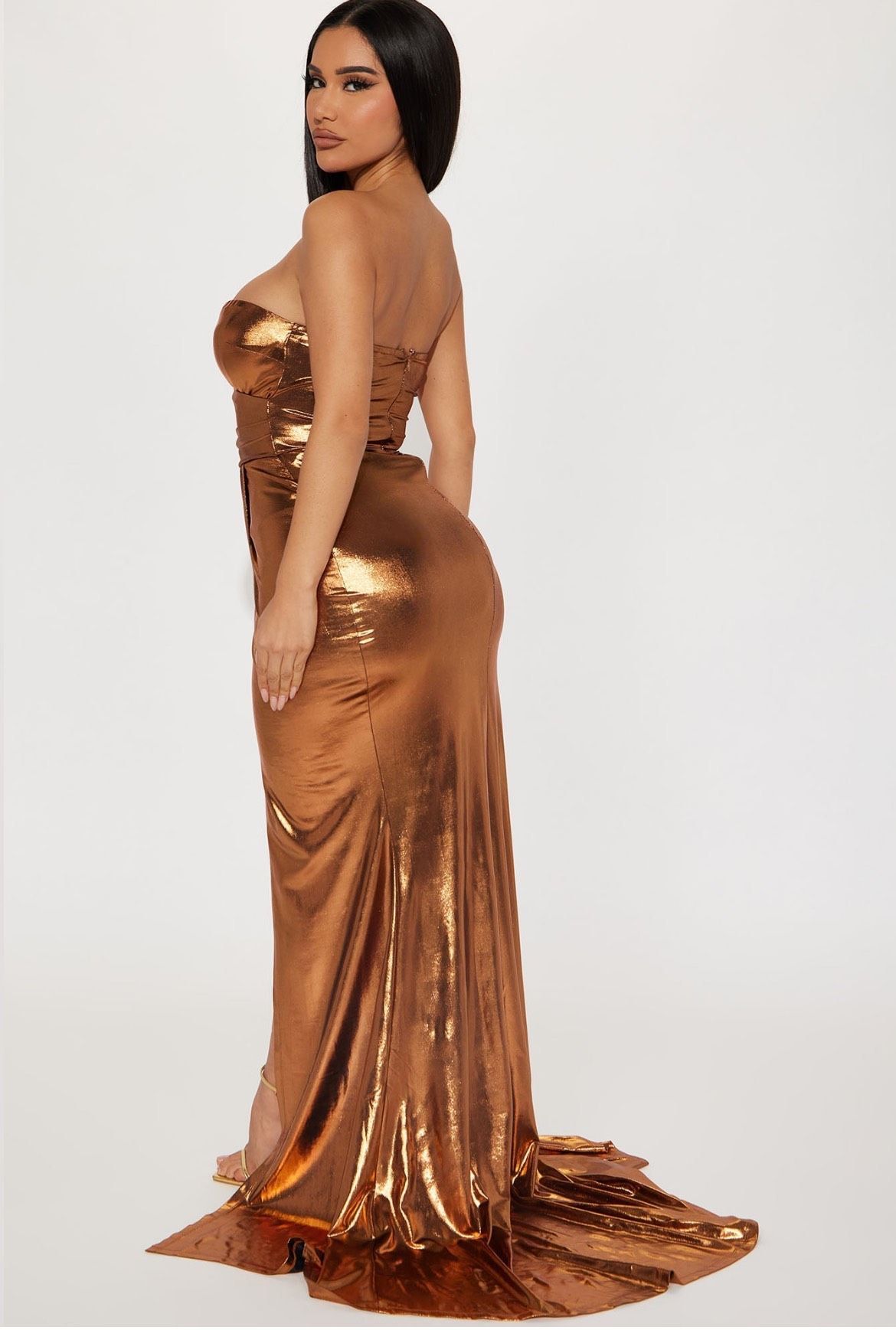 Size M Strapless Brown Side Slit Dress on Queenly