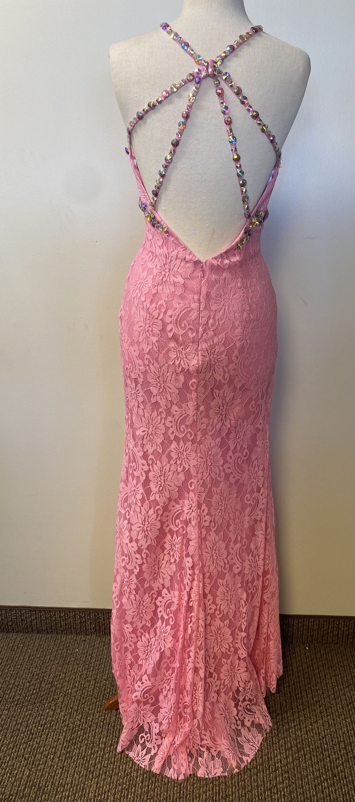 Style 2728 Rachel Allan Size 8 High Neck Lace Hot Pink Side Slit Dress on Queenly