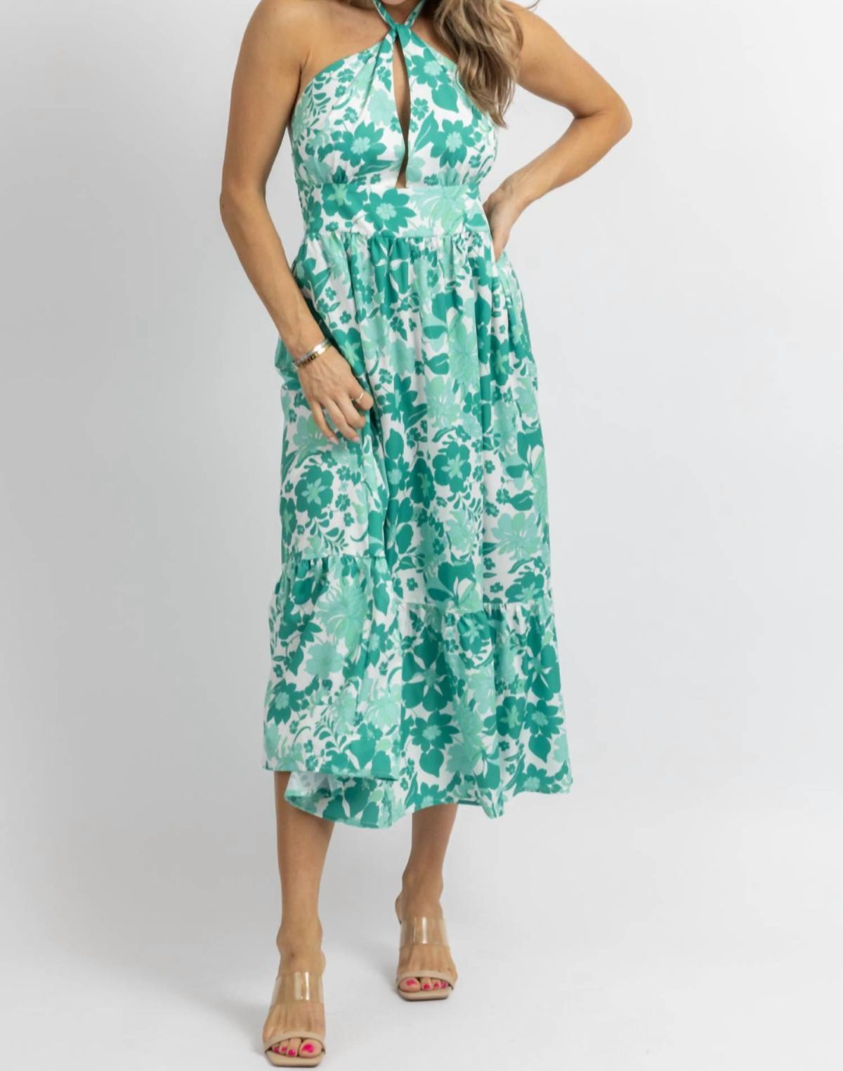Style 1-1667037429-2901 SUNDAYUP Size M Halter Floral Green Cocktail Dress on Queenly