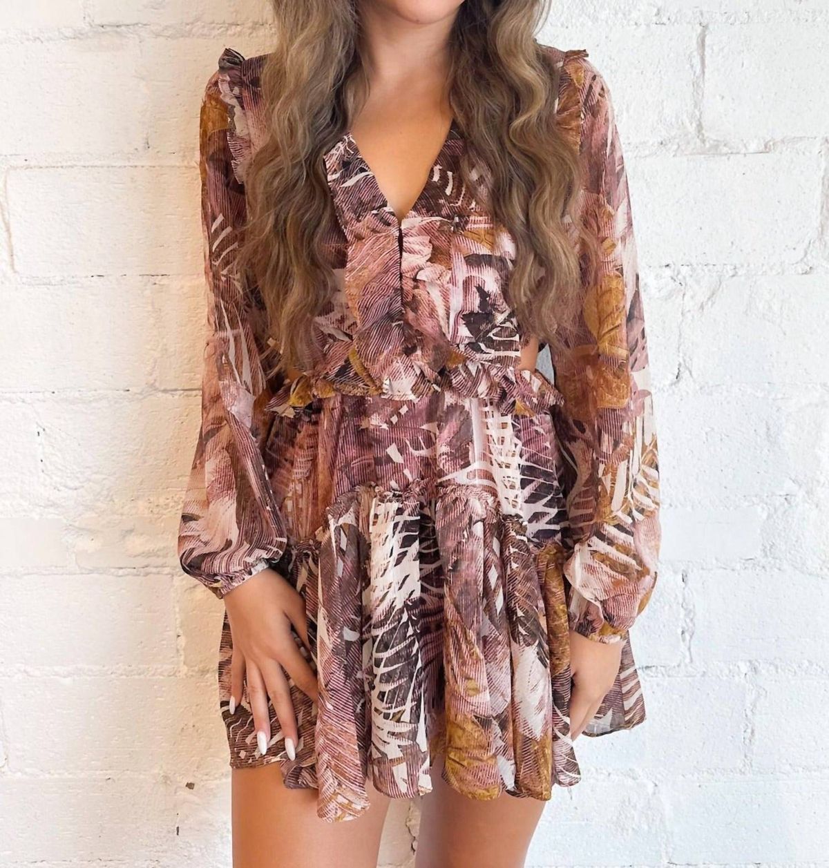 Style 1-2355792487-3471 RESET by Jane Size S Long Sleeve Floral Brown Cocktail Dress on Queenly