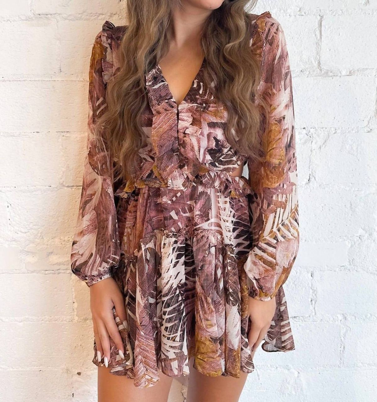 Style 1-2355792487-3471 RESET by Jane Size S Long Sleeve Floral Brown Cocktail Dress on Queenly