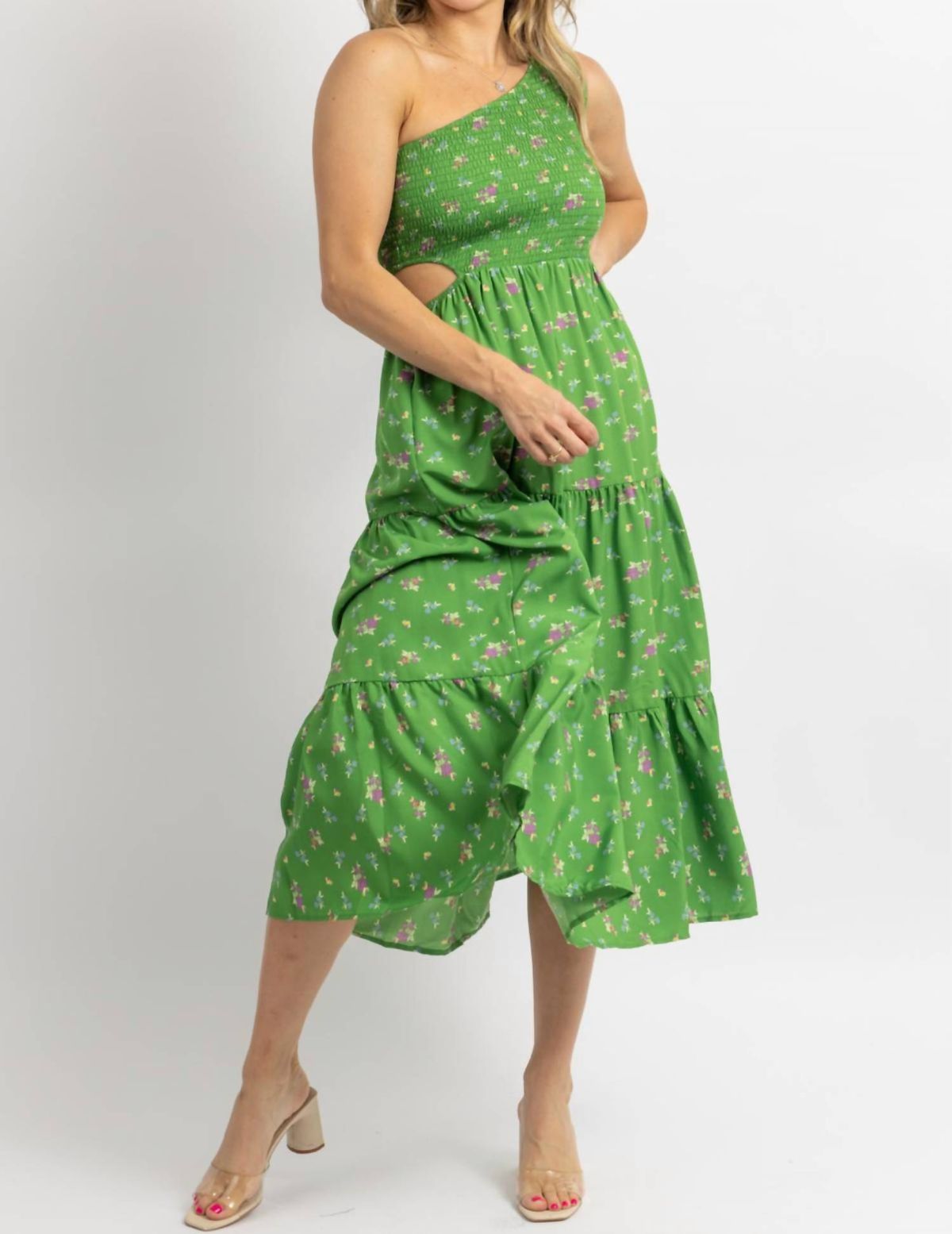 Style 1-3492091429-2696 SUNDAYUP Size L One Shoulder Floral Green Cocktail Dress on Queenly