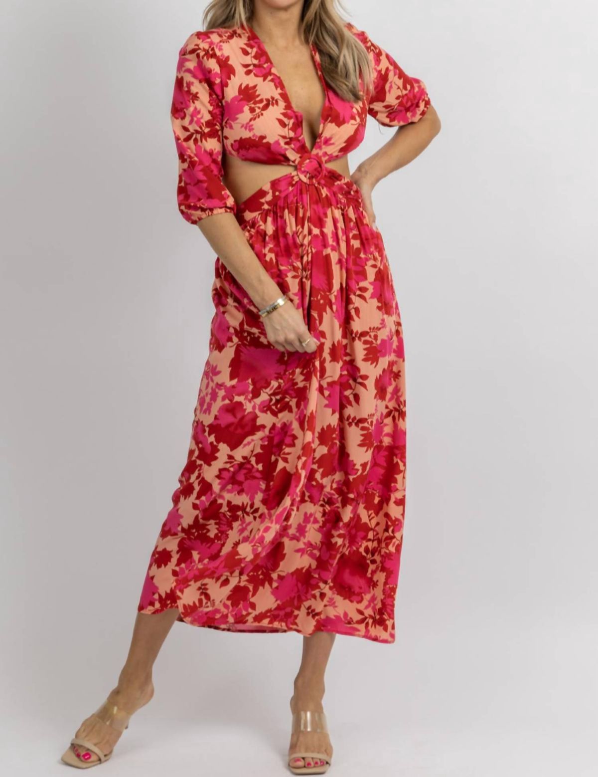 Style 1-788816905-2696 SUNDAYUP Size L Long Sleeve Floral Hot Pink Cocktail Dress on Queenly