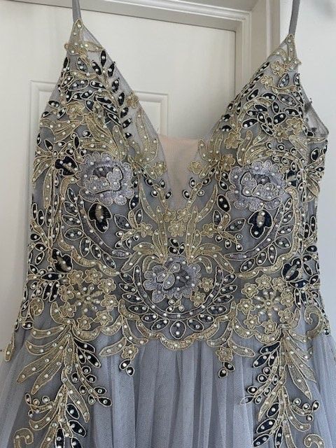 Betsy and Adam Plus Size 18 Prom Plunge Gray Ball Gown on Queenly