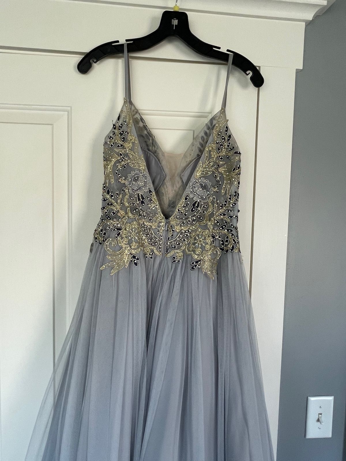 Betsy and Adam Plus Size 18 Prom Plunge Gray Ball Gown on Queenly