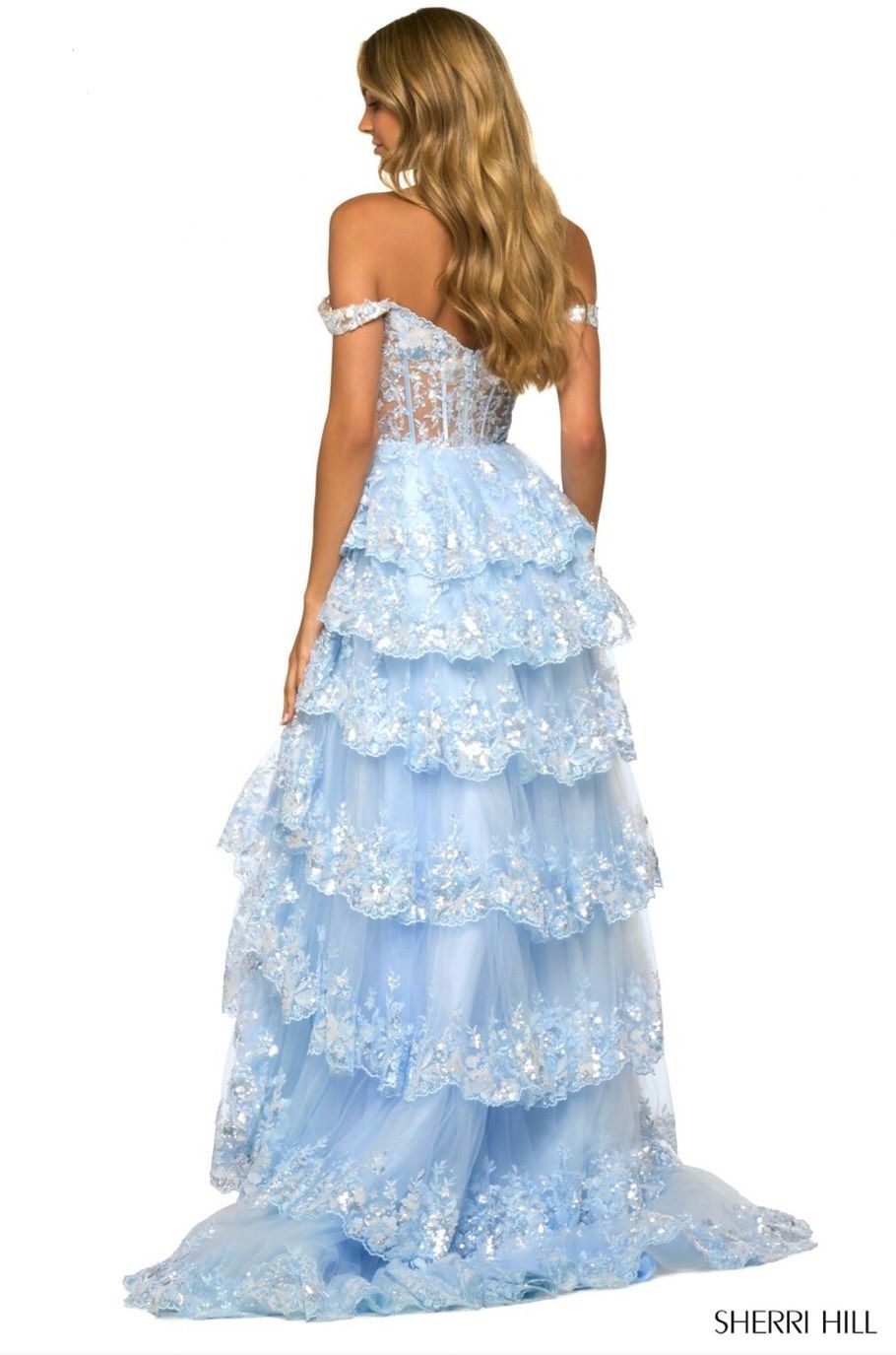 Style 55500 Sherri Hill Size 6 Pageant Off The Shoulder Light Blue Ball Gown on Queenly