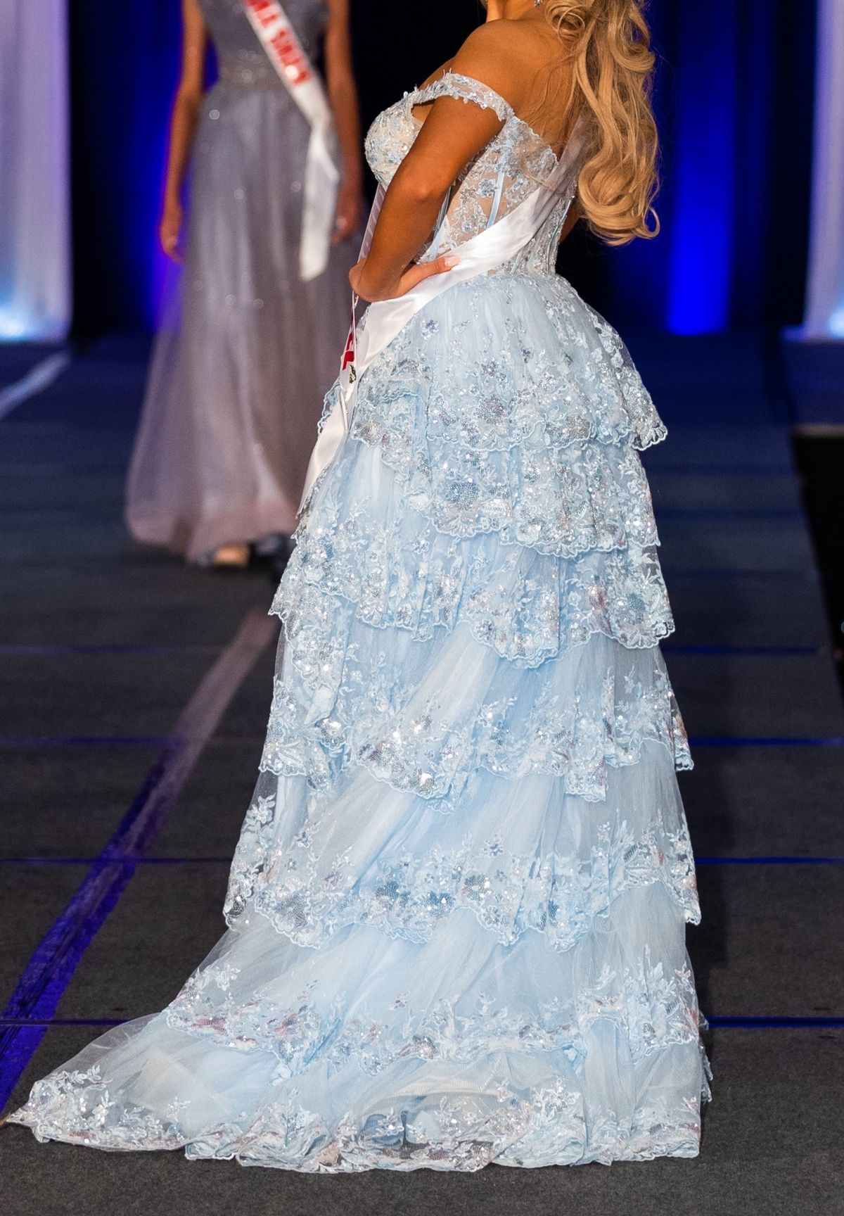 Style 55500 Sherri Hill Size 6 Pageant Off The Shoulder Light Blue Ball Gown on Queenly