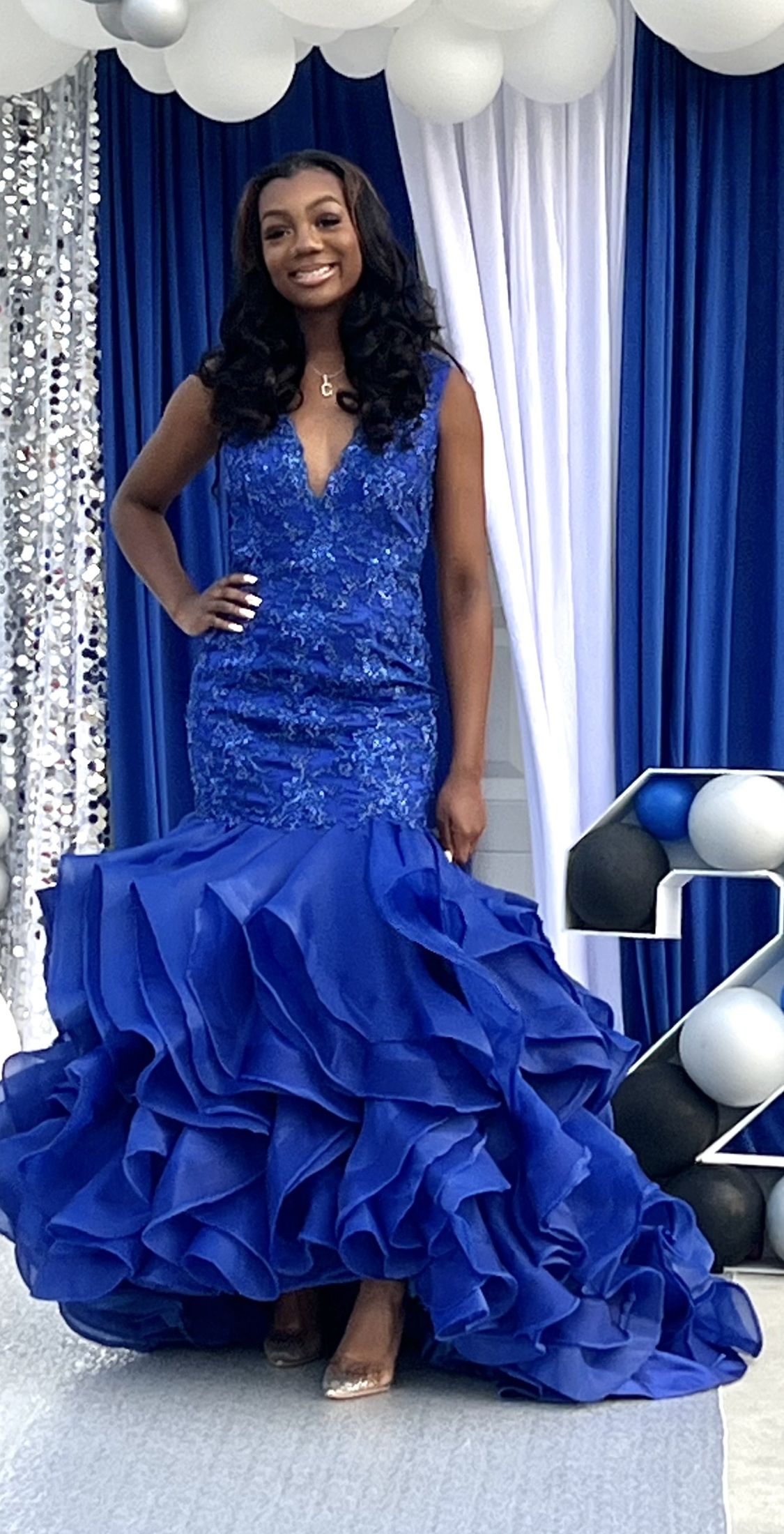 Size 2 Prom Sheer Royal Blue Mermaid Dress on Queenly