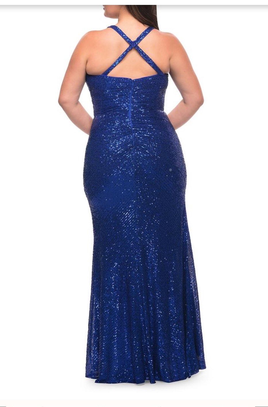 Style 29579 La Femme Size 12 Prom Plunge Blue A-line Dress on Queenly