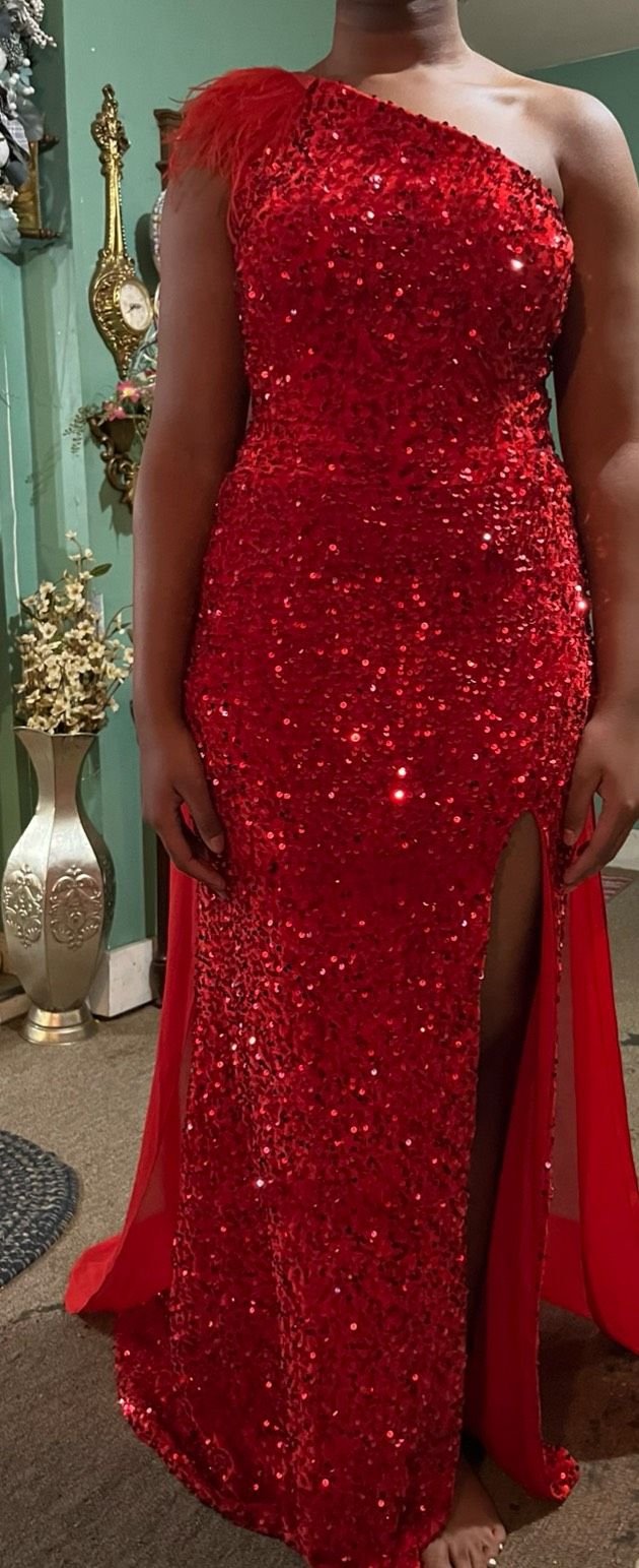 Size 8 One Shoulder Red Side Slit Dress on Queenly