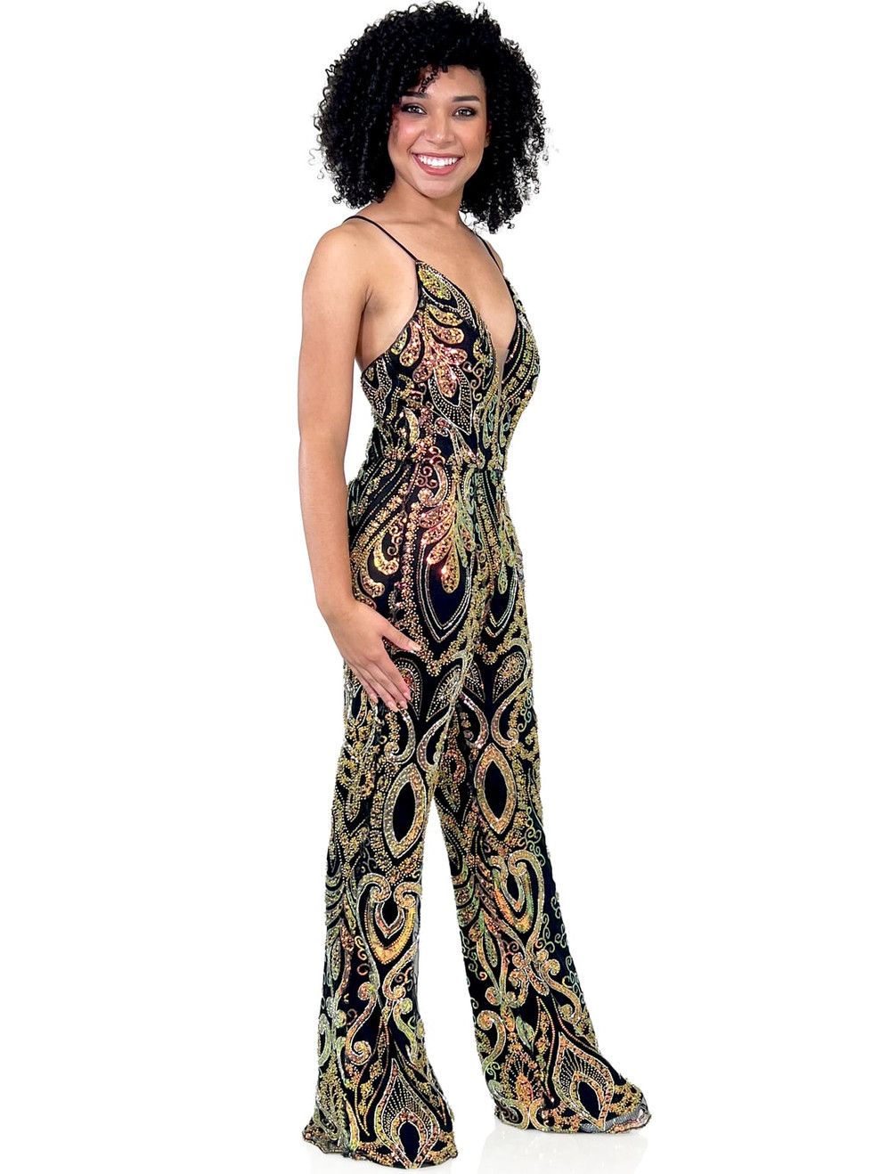 Style 8261 Marc Defang Size 5 Pageant Sequined Black Formal Jumpsuit on Queenly