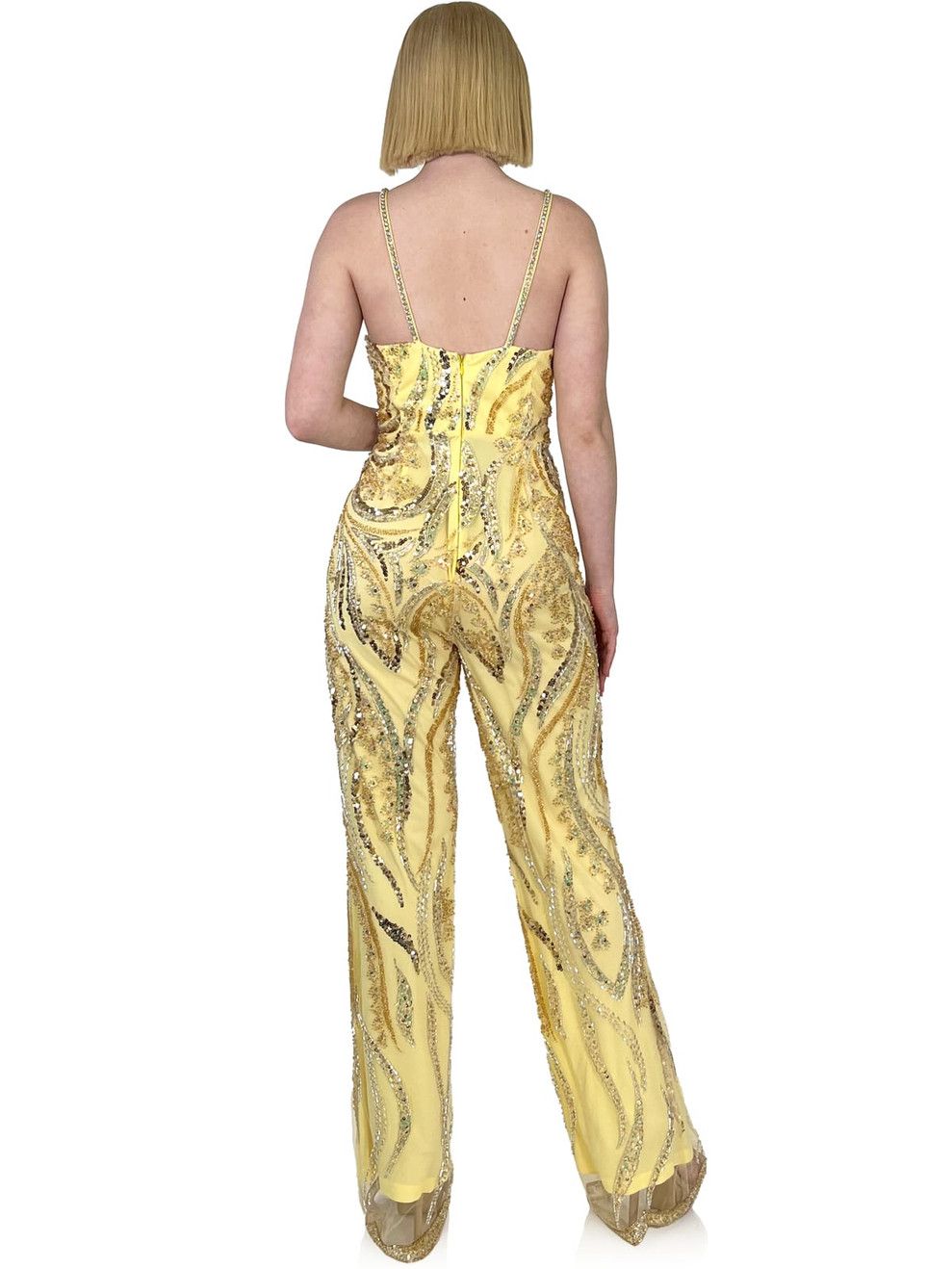 Style 8261 Marc Defang Size 4 Pageant Sequined Yellow Formal Jumpsuit on Queenly