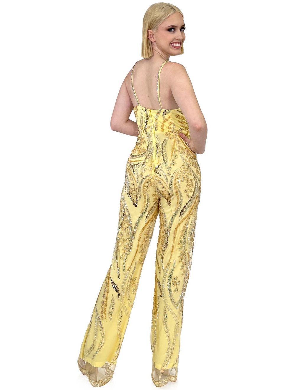 Style 8261 Marc Defang Size 4 Pageant Sequined Yellow Formal Jumpsuit on Queenly