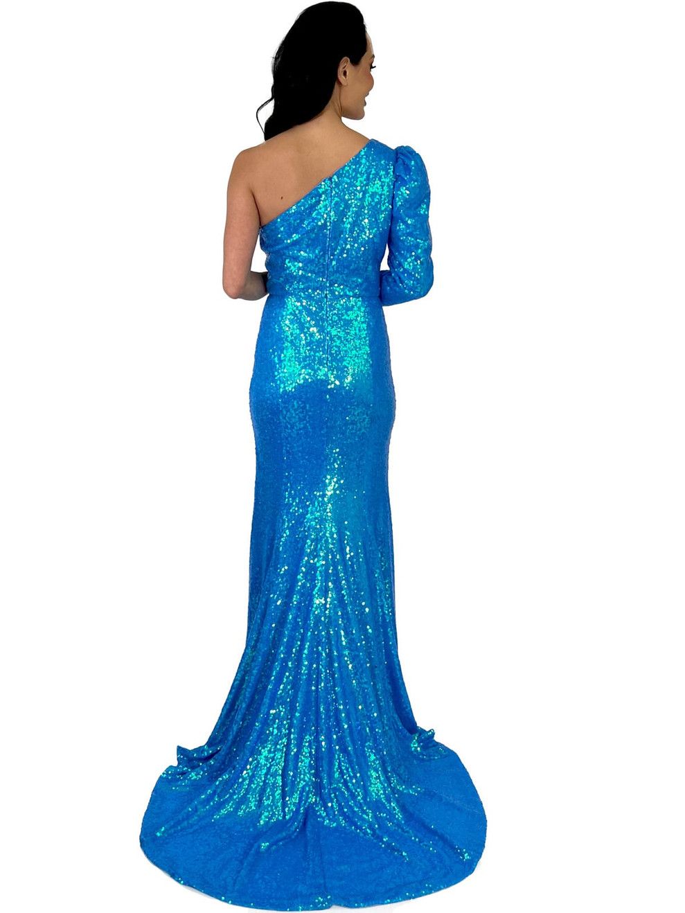 Style 8247 Marc Defang Size 4 Prom Turquoise Blue Side Slit Dress on Queenly