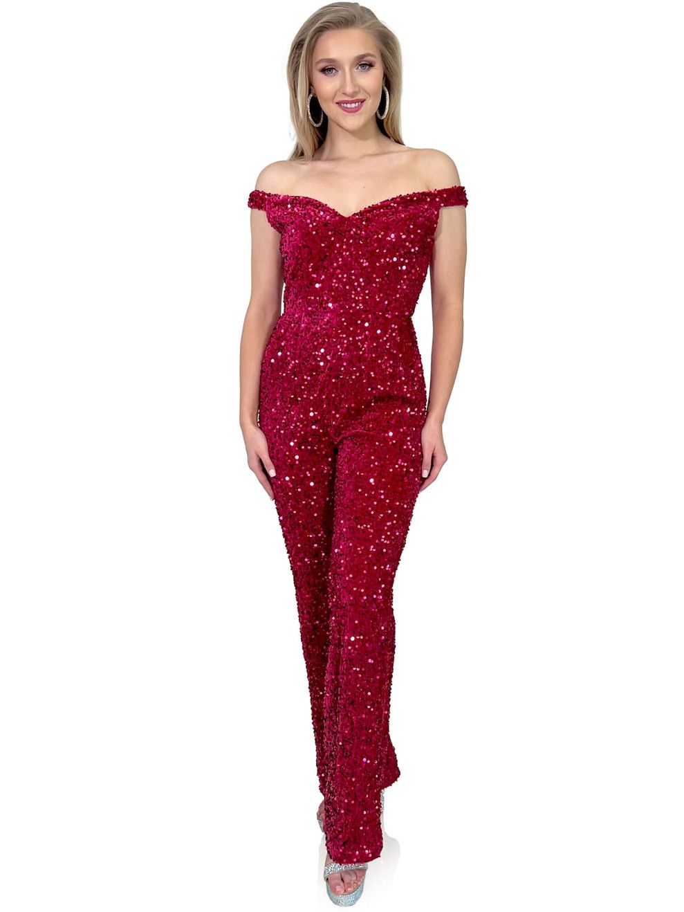 Style 8046A Marc Defang Size 4 Pageant Off The Shoulder Velvet Red Formal Jumpsuit on Queenly