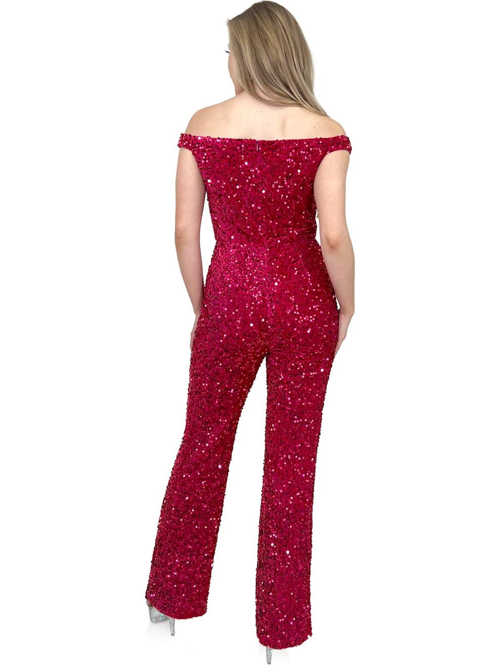 Style 8046A Marc Defang Size 6 Pageant Off The Shoulder Velvet Red Formal Jumpsuit on Queenly