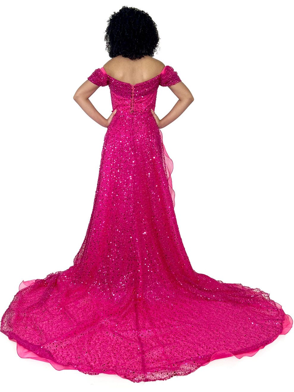Style 8228 Marc Defang Size 8 Prom Off The Shoulder Hot Pink Dress With Train on Queenly
